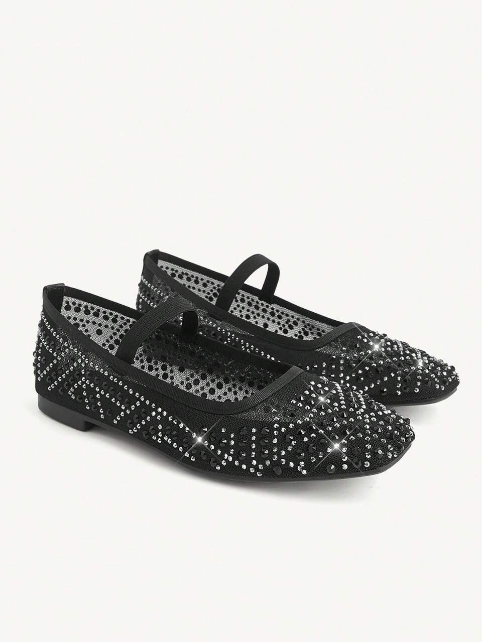 CUCCOO CHICEST Women Shoes Spring And Summer Fashion Black Full Diamond Mesh Elastic Band Women's Flat Shoes Elegant Comfortable Breathable Cute Sweet Mary Jane Flat