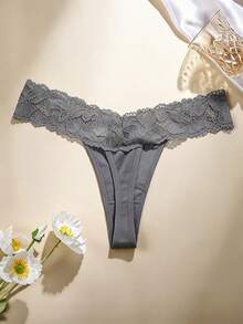 SHEIN 女款對比蕾絲時尚無痕內褲 (1件) - 灰色 - 查看 2