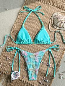 Costavie Swim MOD 女款性感比基尼兩件套 春夏度假款 彩色花卉亮片紋理面料 掛脖三角比基尼上衣搭配側綁帶比基尼褲 - 彩色 - 查看 2