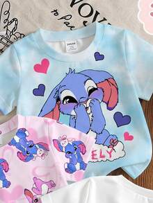 女嬰休閒極簡可愛卡通藍色兔子 Lulu & Stitch 圖案短袖圓領上衣，夏季圖案 T-shirt，舒適，上衣，Y2K，Kawaii，可愛 - 彩色 - 查看 5