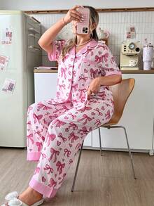 Slumberry CURVE Conjunto de pijama de talla grande con estampado de lazos a rayas y cuello a rayas de bloques de color dulce - Multicolor - Ver 5