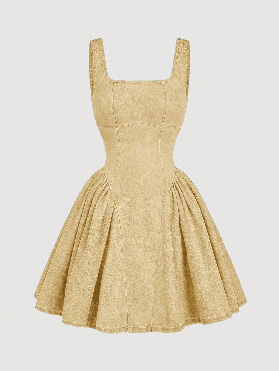 SHEIN MOD 女款夏季休閒收腰無袖牛仔洋裝 - 卡其色 - 查看 1