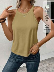 SHEIN LUNE 95%棉女款休閒修身掛脖背心，適合夏季 - 卡其色 - 查看 6