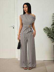 SHEIN PETITE 女款棕色格紋露肩兩件式套裝，附金屬裝飾，適合辦公穿著 - 棕色 - 查看 4