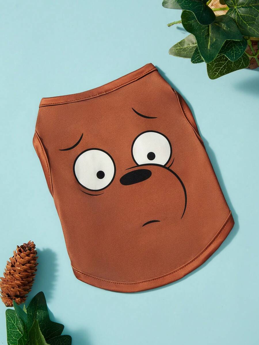 We Bare Bears X PETSIN 1件大眼熊驚艷表情印花寵物背心 棕色無袖柔軟透氣防毛寵物衣服 - 棕色 - 查看 1
