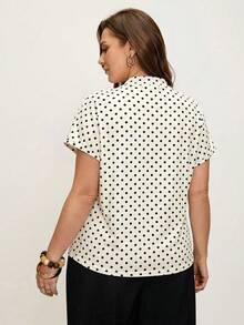 Comfylo Plus Size Women Polka Dot Print Batwing Sleeve Pleated Fitted T-Shirt - Multicolor - View 2