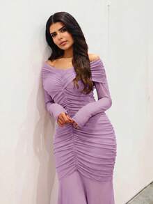Hindelle Women's Elegant Solid Color Off-The-Shoulder Ruched Dress - Dusty Purple - View 6