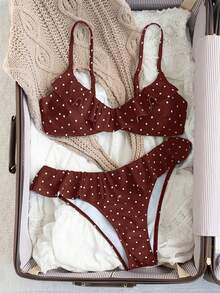Swim Mod Conjunto de traje de baño con estampado de lunares y volantes para mujer - Burdeos - Ver 5