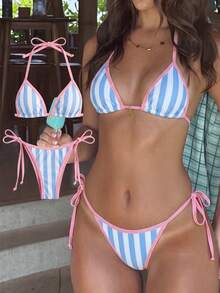 Elavelle 2pcs Women's Summer Leopard Print Spaghetti Strap & Side Tie Sexy Bikini Set - Multicolor - View 1