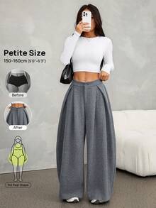 SHEIN PETITE 女款秋冬復古休閒街頭風寬鬆版型弧形下擺長褲，弧形褲腿，灰色花卉 - 灰色 - 查看 10