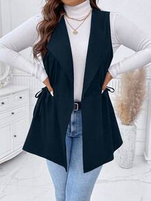 SHEIN LUNE 大尺碼女款純色百褶休閒百搭通勤旅行背心外套 - 藏蓝色 - 查看 7