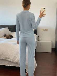 DAZY 女款素色百褶長袖上衣與長褲休閒居家套裝 - 藍色 - 查看 2