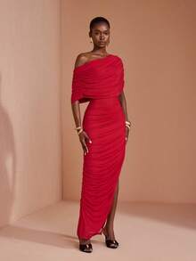 JIAN LASALA Red Mesh Ruched Side Slit Short Sleeve One Shoulder Long Dress Vacation Party Elegant - Red - View 5