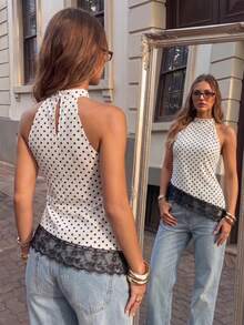SHEIN Women's Polka Dot Contrast Lace Halter Neck Asymmetric Ruffle Top - White - View 2