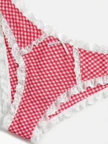 lacRébo Romantic Red Gingham Lingerie Set With Contrasting Lace Trim, Balconette Bra And Matching Thong - Red - View 9