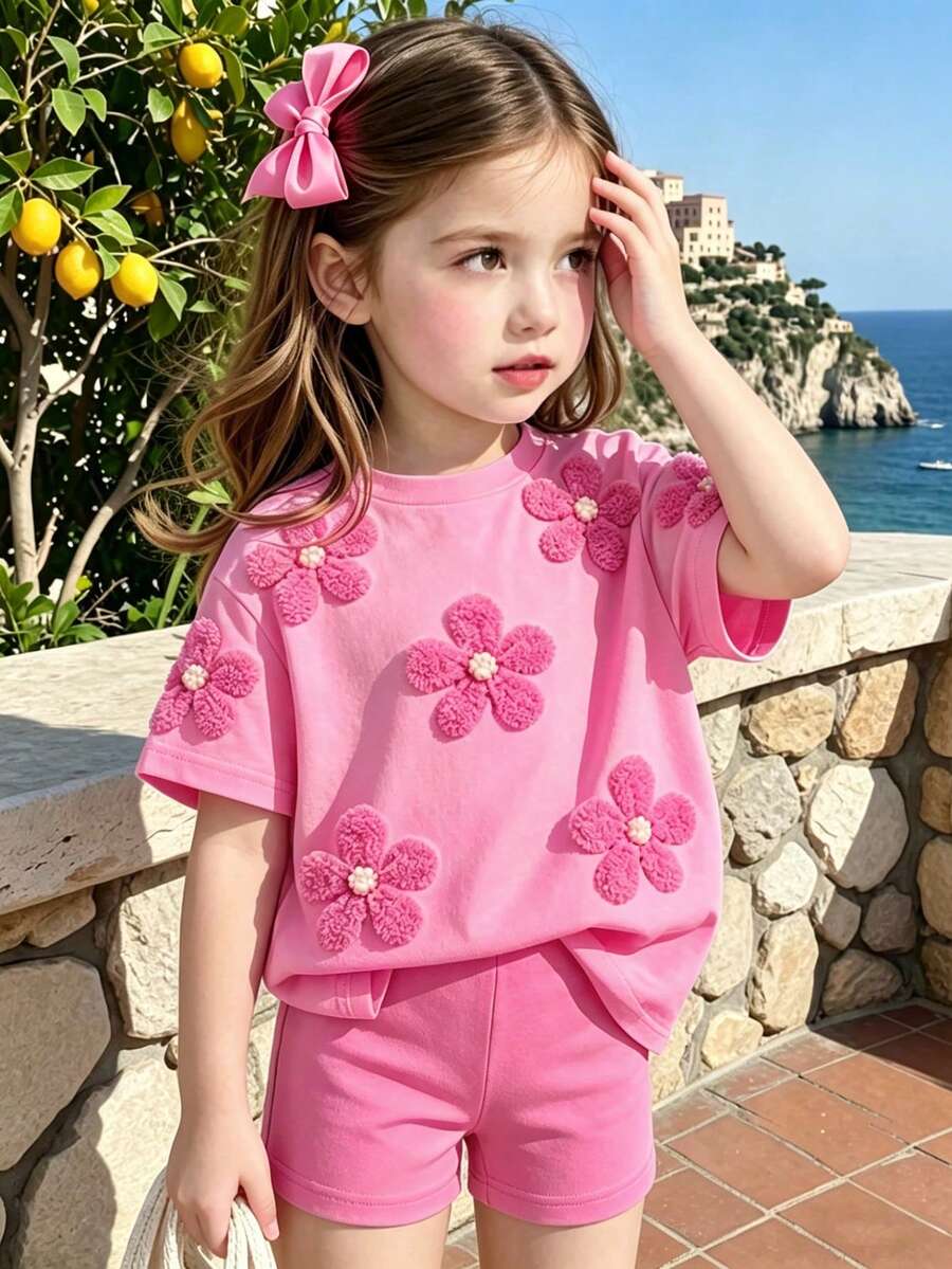 SHEIN Sparklyn 幼女 2件/組休閒時尚百搭春/夏女童T恤套裝,可愛甜美花卉圖案,多巴胺天空玫瑰紅短袖上衣,寬鬆圓領短袖T恤與單車短褲2件套,春/夏服裝套裝 - 彩色 - 查看 1
