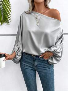 SHEIN 女款素色單肩休閒百搭日常旅行襯衫 - 灰色 - 查看 5
