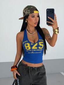Fiercella Fiercella 女款春夏藍色V領數字學院風印花街頭風性感休閒細肩帶背心，適合度假、音樂節、Y2K - 寶藍色 - 查看 3