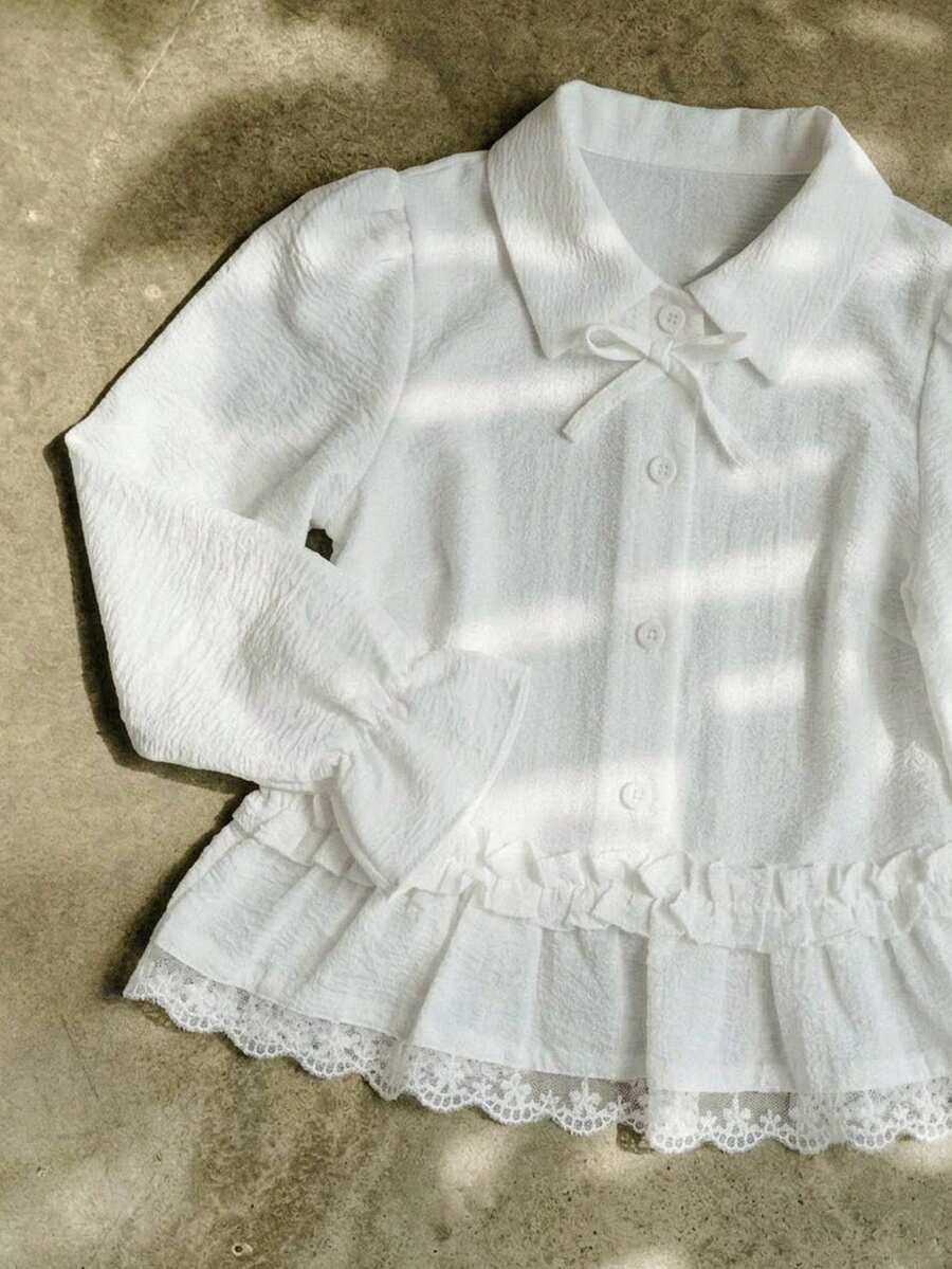 Dazy Kids Young Girl Solid Color Long Sleeve Single-Breasted Bow Decor Cute Shirt - White - View 1
