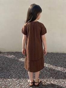 Dazy Kids 女童純色V領休閒日常夏季洋裝 - 棕色 - 查看 4