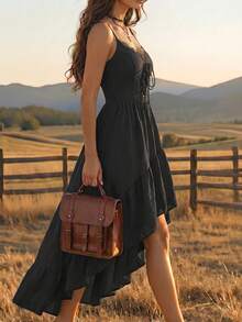 EMERY ROSE Women's Summer Casual Western Cowboy Vacation Style Minimalist Solid Color Contrast Lace Trim Asymmetrical Hem Cami Dress - Black - View 4