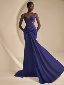 Coutiva Women's Elegant Rhinestone Pleated Ruffle Mermaid Hem Formal Evening Gown - Navy Blue - View 7