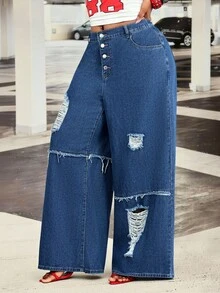 Slaydiva Damen-Jeans in Große Größen, mittelblau, mit distressed-Effekt und ausgefranstem Saum, vielseitig für Outdoor, Pendeln und Streetfashion - Mittele Waschung - Übersicht 1
