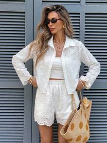 SHEIN Frenchy Elegant Two-Piece Set For Women's Vacation Wear: Embroidered, Openwork, Single-Breasted White Shirt And Shorts,White Shirt,Going Out Outfits - White - View 3
