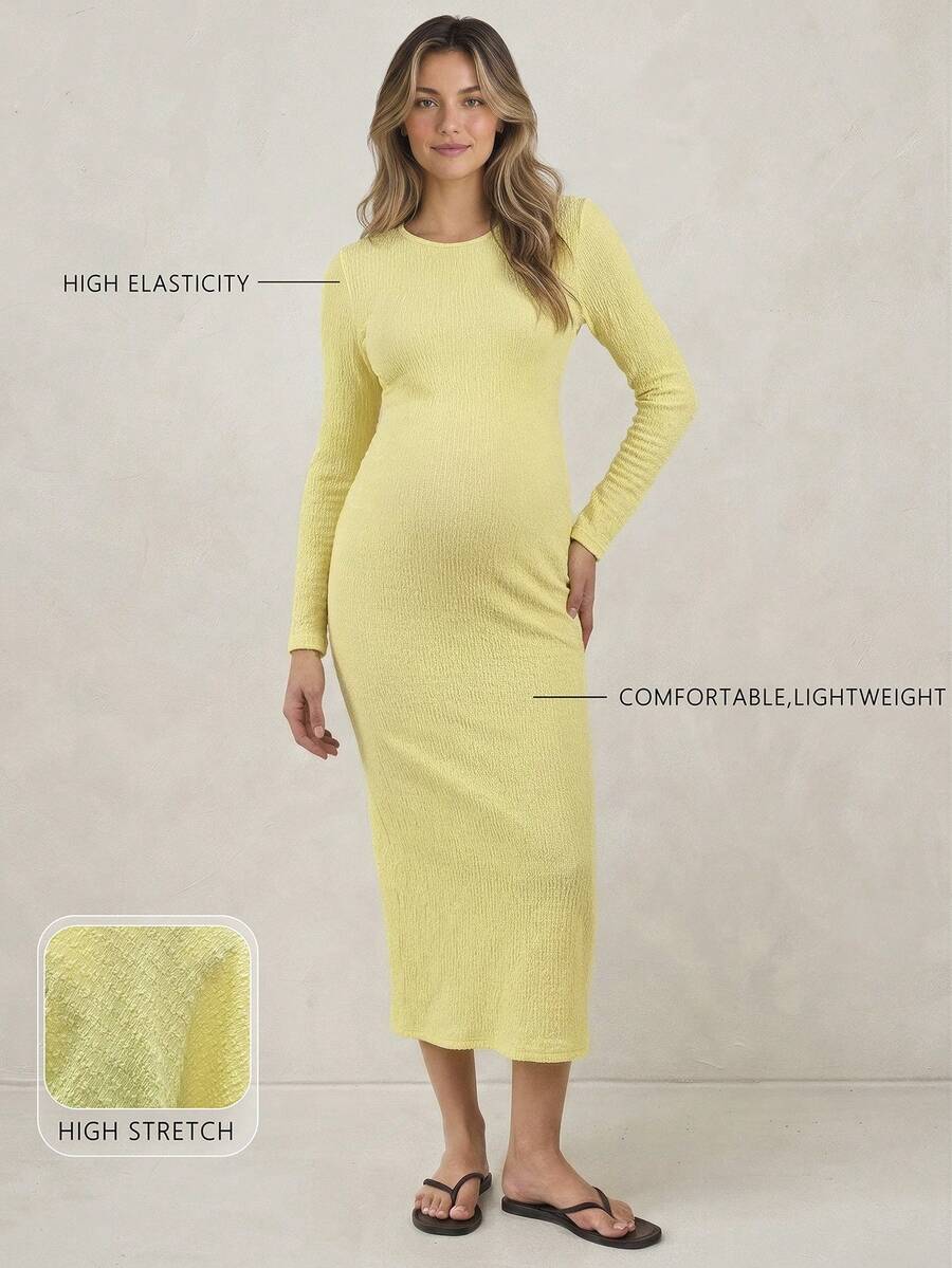 Modmama 孕婦純色圓領長袖修身優雅洋裝 - 黃色 - 查看 1
