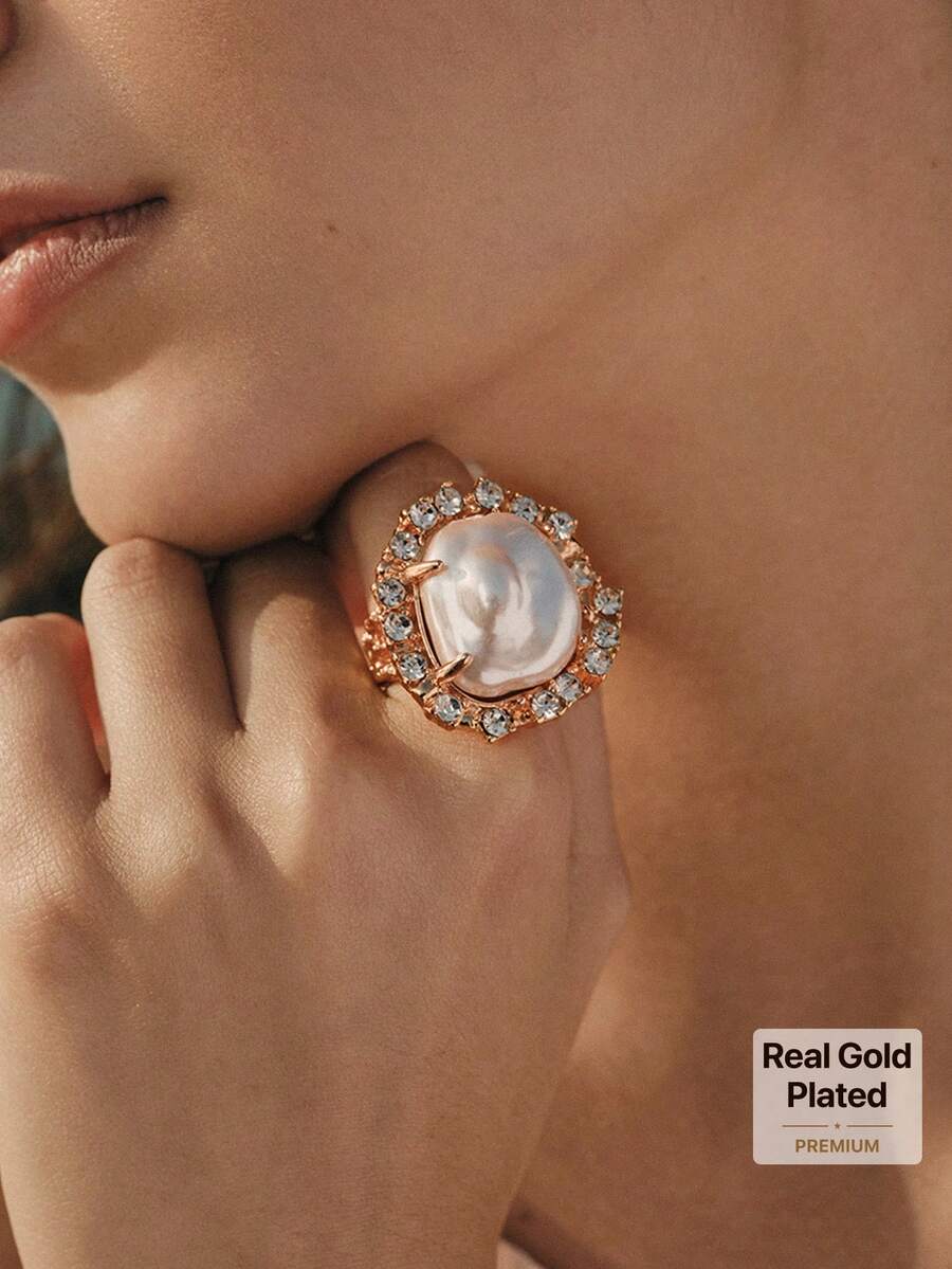 Opalesca A European And American Fashion Baroque Ring With Special-Shaped Pearls And An Asymmetric Diamond Ring., Outfits, Old Money, Beaded, Wedding/Bridal Accessories, Fairycore/Fairy, Pearl, For Mom/Women/Girl/Mother, Elegant, Premium, Classy, Crystalsbeaded, Wedding/Bridal Accessories, Fairycore/Fairy, Pearl, For Mom/Women/Girl/Mother, Elegant, Premium, Flower, Crystals, Gold, Easter, Travel/Beach/Vacation, Boho - Multicolor - View 1