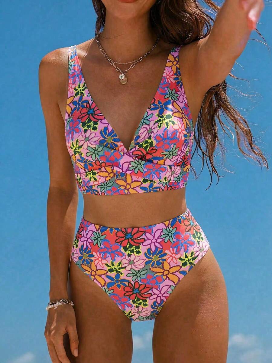 Bonvoyette 女士夏季沙滩印花休闲比基尼和三角泳裤泳装套装,Coachella Capri斑马纹比基尼套装两件套,高腰比基尼,花卉比基尼,热带沙滩装,女士夏季泳装,高腰比基尼套装,女士度假装,女士比基尼套装 - 彩色 - 查看 1