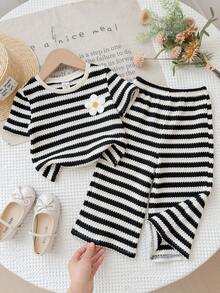 SHEIN Baby Girl Knit Striped Round Neck 3D Floral T-Shirt And Long Pants 2 Pieces Set - Black - View 4