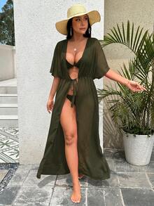 Breezaya 女款純色休閒百搭度假旅行罩衫晨袍 - 軍綠色 - 查看 3