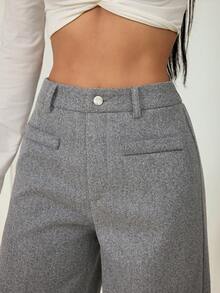 SHEIN PETITE 女款時尚百搭保暖灰色尼龍通勤長褲 - 灰色 - 查看 5