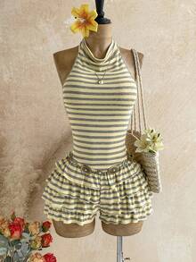 Soleia Women's Striped Colorblock Pleated Casual Daily Wear Romper - Multicolor - View 1