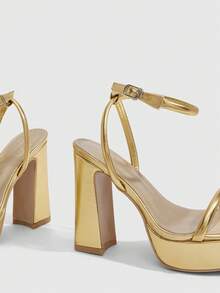 CUCCOO SZL Women's Round Toe Thick Heel High Heel Sandals, Stylish And Simple Women's Shoes, Elegant Commuter Party, Women's Sandals - Gold - View 5