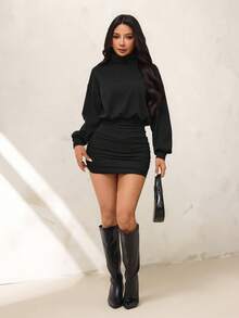 SHEIN PETITE 高領落肩百褶修身洋裝，棉混紡，舒適，適合秋冬穿著 - 黑色 - 查看 4