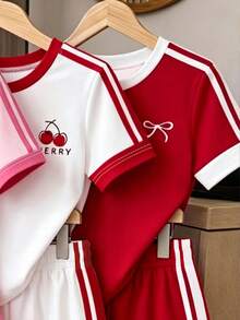 1 Random Item From 3 Young Girls Fashion Versatile Personality Minimalist Diamond Bow Cherry Letter Pattern Short Sleeve T-Shirt And Shorts Set - Multicolor - View 3