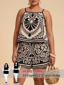 SHEIN PETITE CURVE Plus Size Women's Black White Print 2-Piece Casual Set, Beige, Summer, Boho, Vacation, Holiday, Beach Vacation, Beach Vacation Outfits, Bohemian Style - Black - View 5