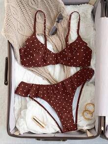Swim Mod Conjunto de traje de baño con estampado de lunares y volantes para mujer - Burdeos - Ver 4