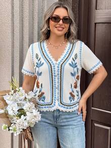 Vionelle Camiseta de manga corta con estampado elegante y casual francés para mujer de talla grande - Blanco - Ver 7