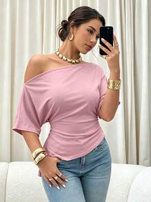 SHEIN Clasi 大码女式不对称领无袖休闲T恤上衣，春夏款 - 藕粉色 - 查看 7