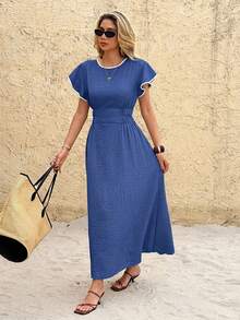 SHEIN Frenchy Women's Piped Round Neck Ruffle Short Sleeve Elegant Mid-Length Dress - Blue - View 5