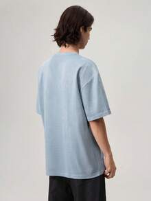 Loose Fit Men's Drop Shoulder Cross Embroidery Vintage T-Shirt, 2000s Style - Dusty Blue - View 3