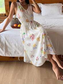 DAZY Floral Print V-Neck Waist-Cinching Long Dress, Summer Outfit Women's Nightgown - White - View 4