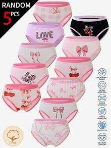 SHEIN [5pcs Random Assortment]All Season Random Girls Toddler Multi-Color Cute Heart Bow Cherry Simple Cute Multi-Color Multi-Pattern Traceable Cotton Printed Combination Triangle Panties - Multicolor - View 7