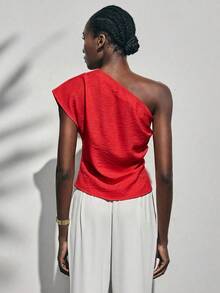 Lumivelle Women's Elegant Fashion Pleated White Relaxed Fit Asymmetrical Shoulder Blouse Romantic - Red - View 2