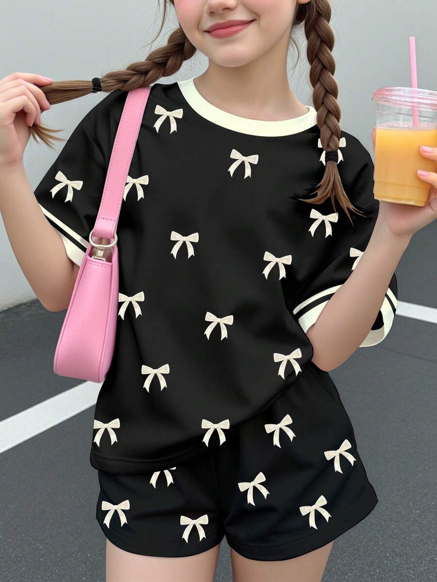 Tween女孩休閒簡約優雅甜美波點蝴蝶結印花,黑白對比,短袖與短褲兩件套,適合夏季,圖案設計,舒適,女孩套裝,Y2K,復古 - 彩色 - 查看 1