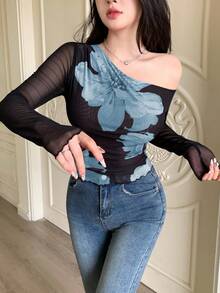 Modelyn 女款純色網紗拼接印花不對稱肩設計不對稱剪裁百褶極簡性感T恤 - 薄荷藍 - 查看 8