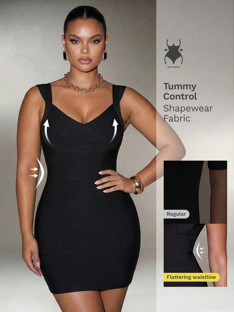 Nuvra Bandage Bodycon Revealing Figure Sexy V-Neck Spaghetti Strap Party Dress - Black - View 1